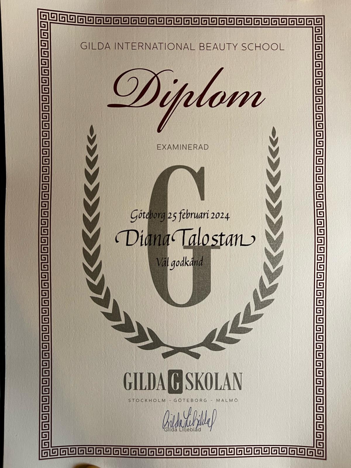 Diplom från Gilda International Beauty School